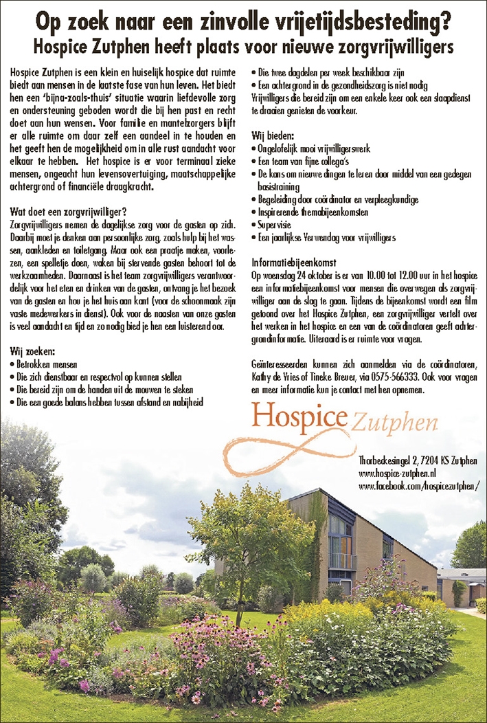 Hospice Zutphen heeft plaats voor nieuwe zorgvrijwilligers