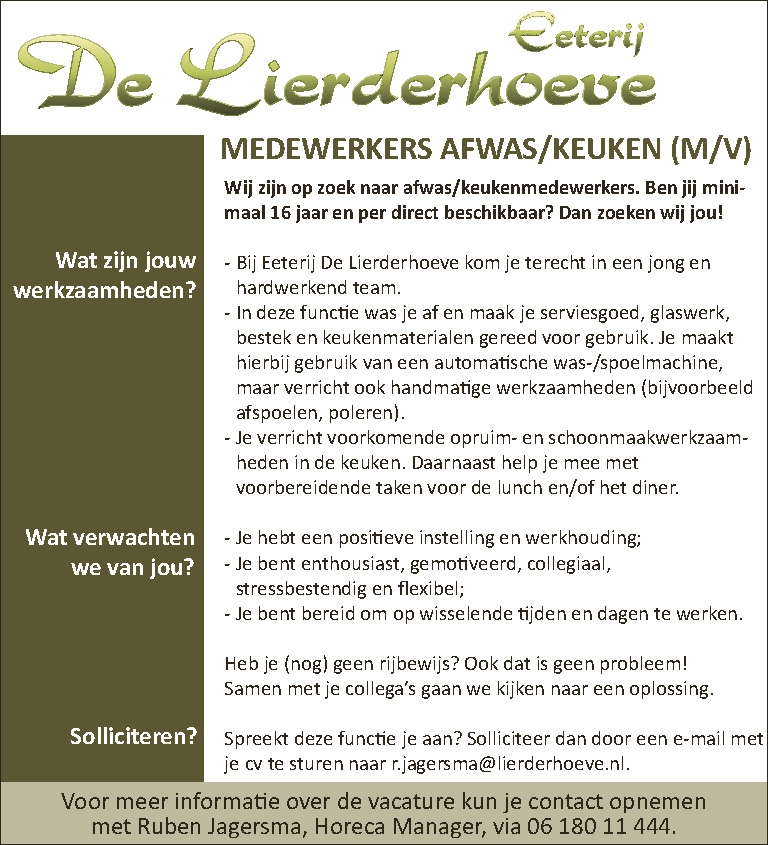 MEDEWERKERS AFWAS/KEUKEN (M/V)