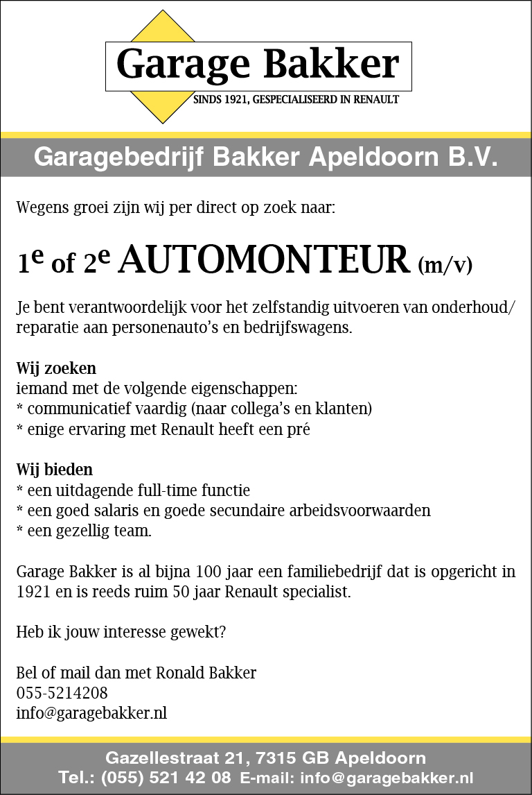Garage Bakker is op zoek naar 1e of 2e automonteur (m/v)
