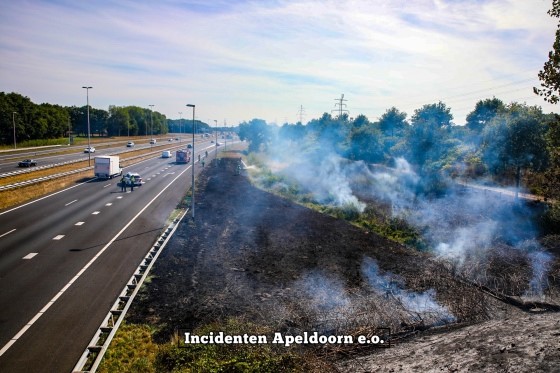 Felle bermbrand langs A50 bij Apeldoorn
